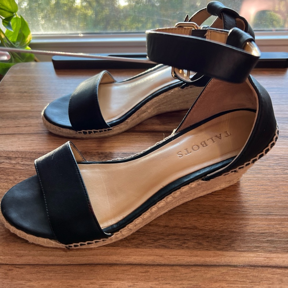 Talbots Espadrille Wedge Heel Sandals Black Leather Ankle and Toe Strap Shoes